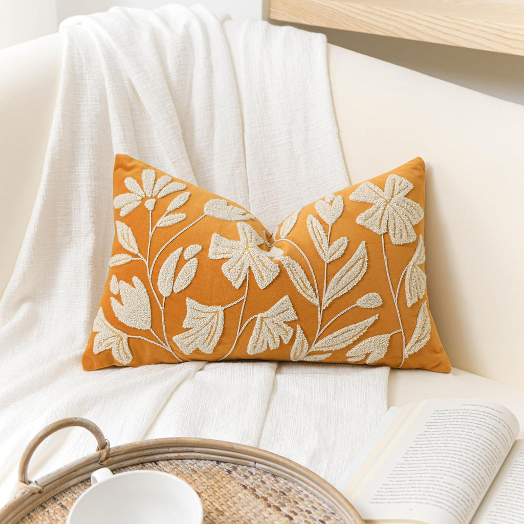 BlissBlush 12x20 Lumbar Pillow Cover, Mustard Yellow Rectangular Decorative Throw Pillowcase for Couch Sofa, Floral Tufted Embroidered…