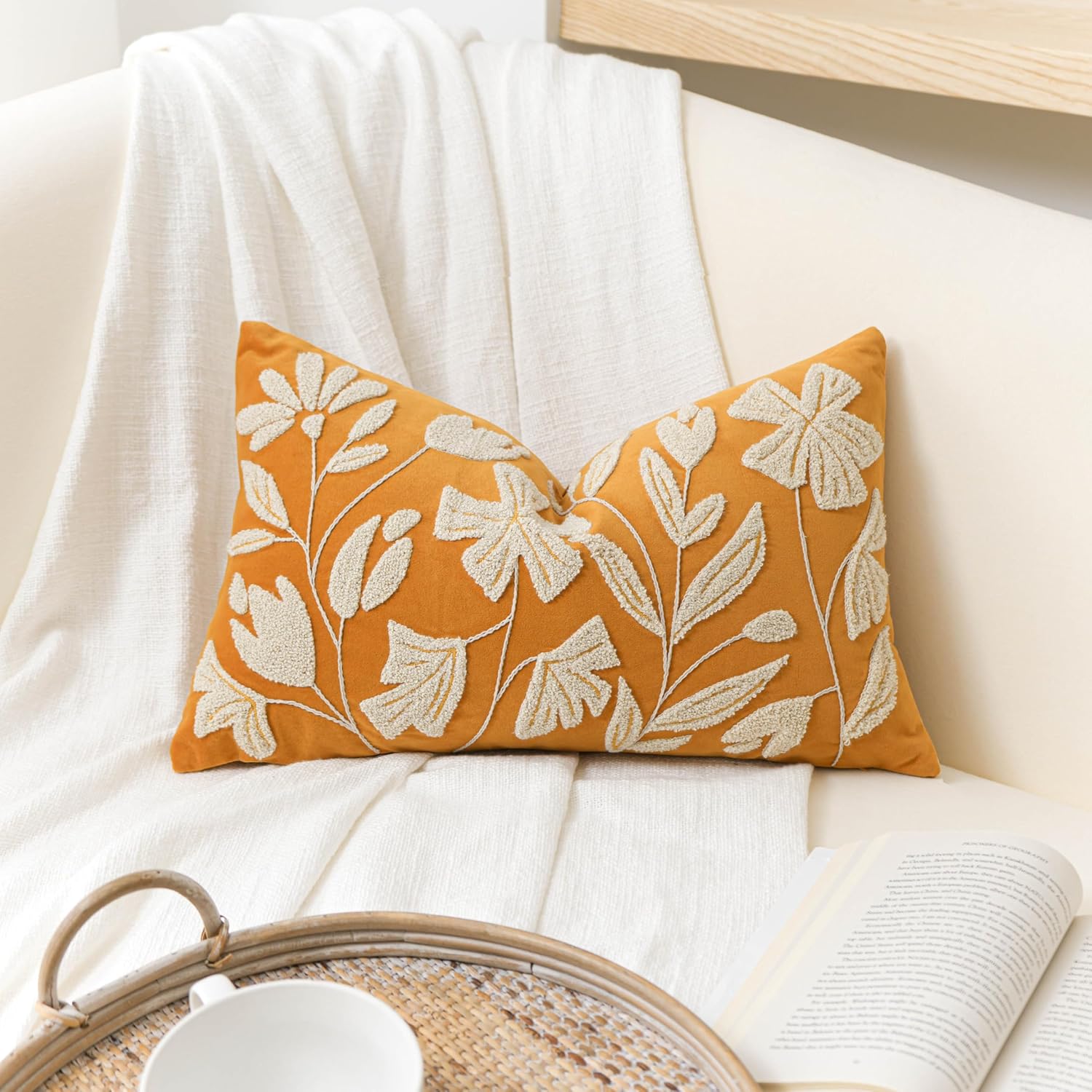 BlissBlush 12x20 Lumbar Pillow Cover, Mustard Yellow Rectangular Decorative Throw Pillowcase for Couch Sofa, Floral Tufted Embroidered…