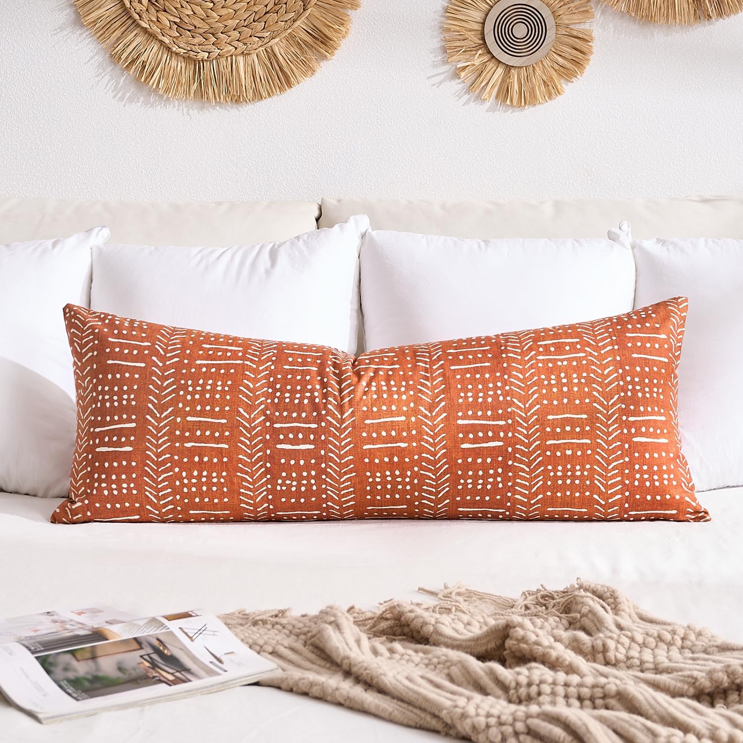BONSTRAP Boho Decorative Lumbar Throw Pillow Covers Vintage Farmhouse Cushion Covers 14X36 Red Rectangular Bolster Long Rustic Pillo…
