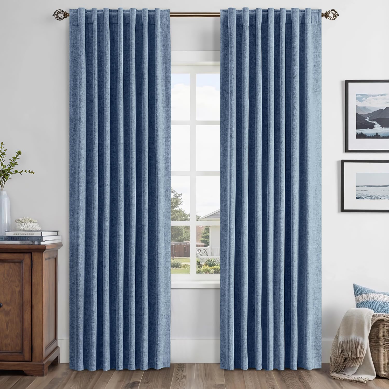 Miulee 100% Blackout Linen Curtains for Bedroom, Blue Solid Luxury Decor Thermal Insulation Room Darkening Drapes for Living Room Nursery B…