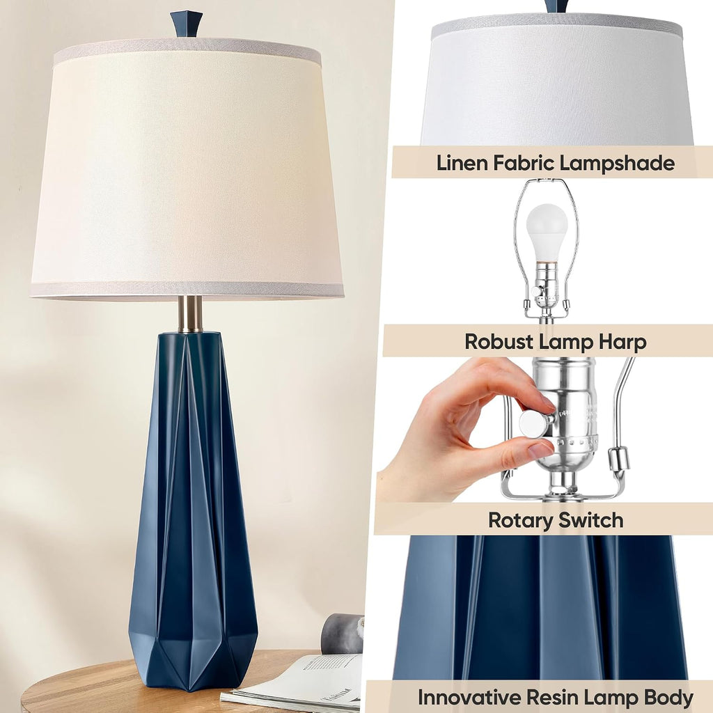 WIHTU 3 Color Temperature Table Lamps Set of 2, 27'' Navy Blue Modern Table Lamp for Living Room, Beside Lamp with Linen Shade, Resin…