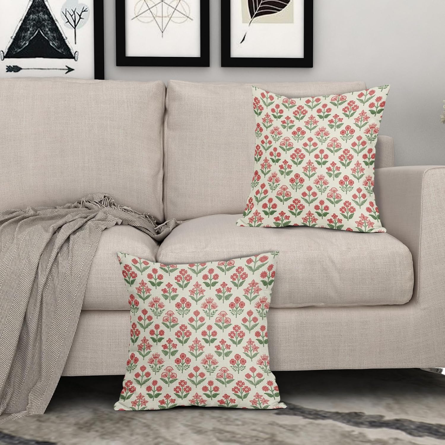 Red Green Christmas Floral Block Print Pillow Covers 20x20 Inch Set of 2, Vintage Flower Pattern Decorative Throw Pillowcases Outdoor…