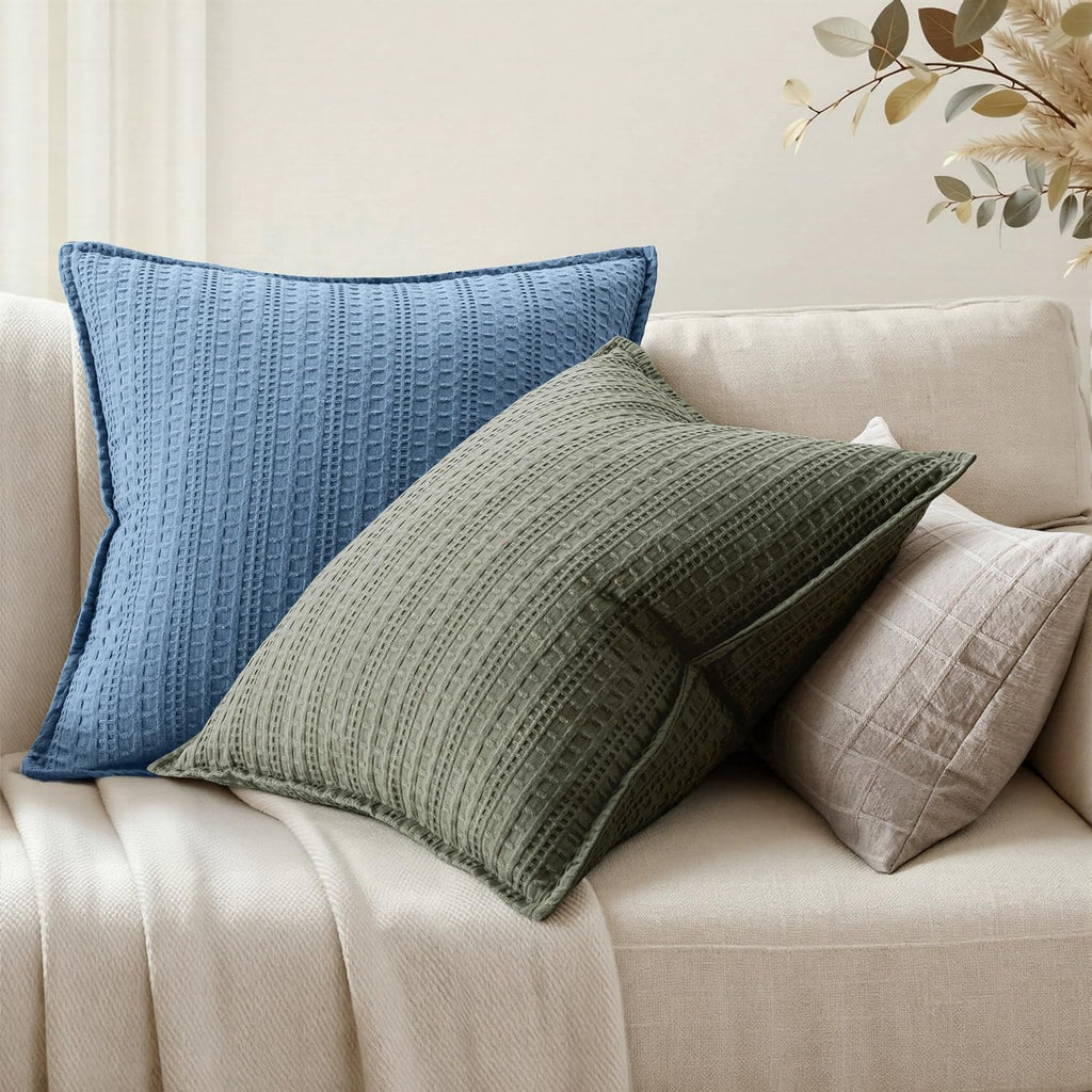 Set of 2 Decorative 100% Cotton Waffle Throw Pillow Covers 18x18, Neutral Coastal Euro Shams Weave European Cushion Cases for Couch Sofa…