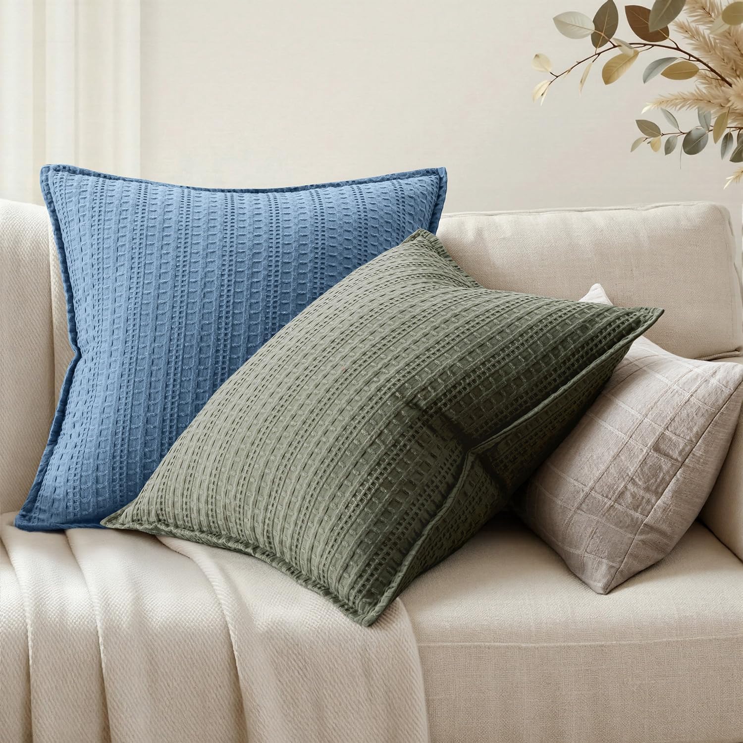 Set of 2 Decorative 100% Cotton Waffle Throw Pillow Covers 18x18, Neutral Coastal Euro Shams Weave European Cushion Cases for Couch Sofa…