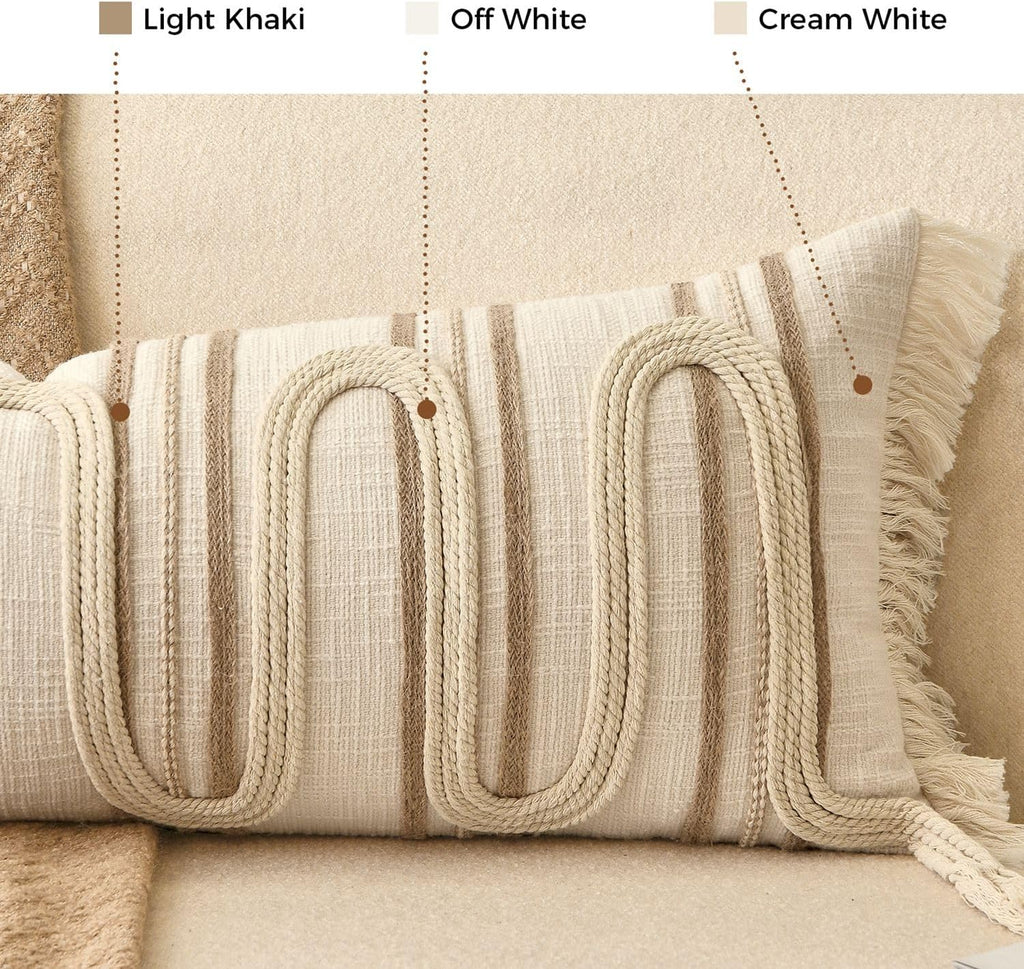 Aibuhome Beige Boho Body Pillow Cover 14x36 Inches, Handwoven Cotton Linen Lumbar Pillow Cover with Tassels, Farmhouse Decorative Cushion C…