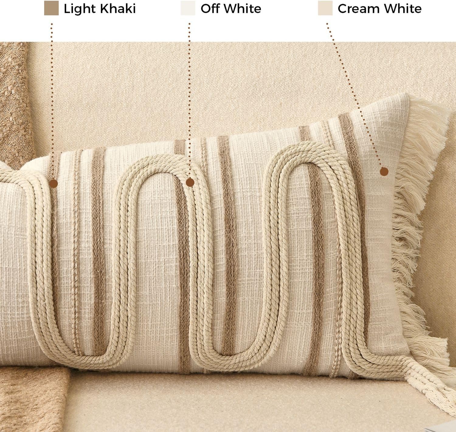 Aibuhome Beige Boho Body Pillow Cover 14x36 Inches, Handwoven Cotton Linen Lumbar Pillow Cover with Tassels, Farmhouse Decorative Cushion C…