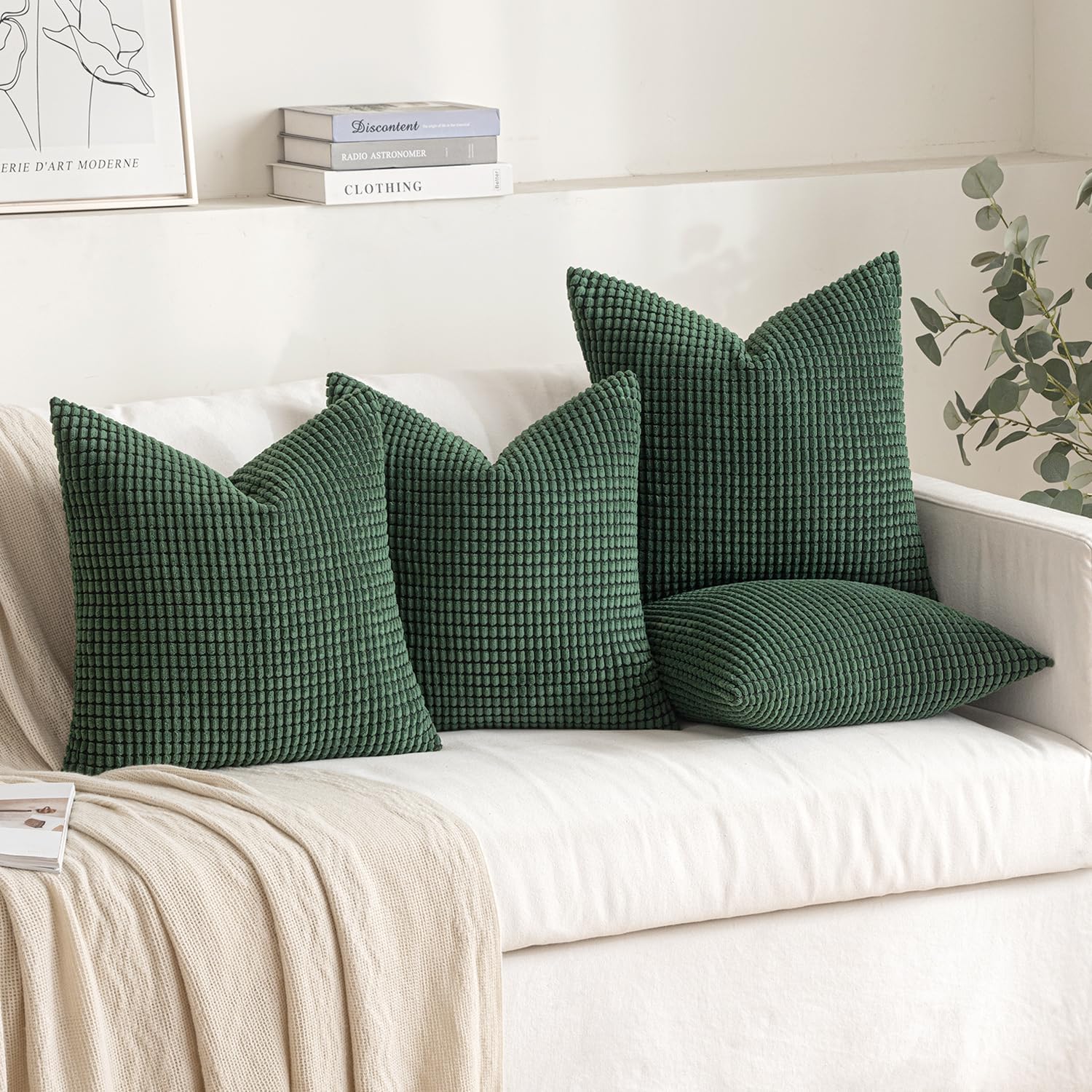 Miulee Boho Farmhouse Throw Pillow Covers 18x18 Inch Set of 4 Soft Neutral Covers Christmas Dark Green Corduroy Couch Pillowcases Home Deco…