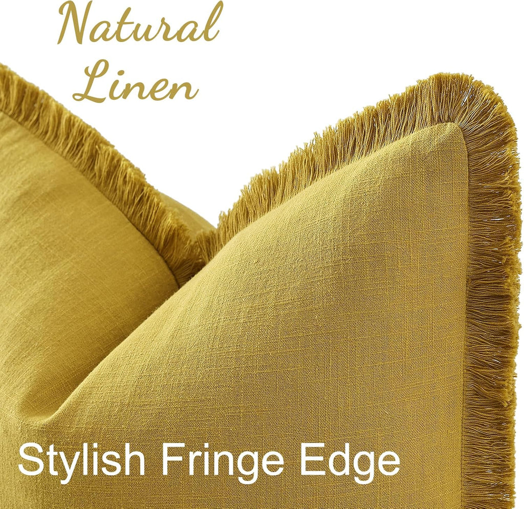 decorUhome Summer Decorative Neutral Linen Fringe Euro Sham Throw Pillow Covers Set of 2 Mustard Yellow Pillow Covers with Tassels Soft Far…