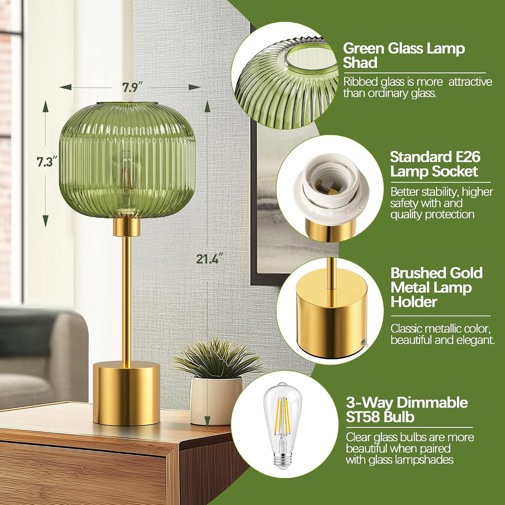 QiMH Glass Table Lamp for Living Room, Modern Bedside Lamp with Green Ribbed Glass Shade, 3-Way Dimmable Touch Control Nightstand Lamp…