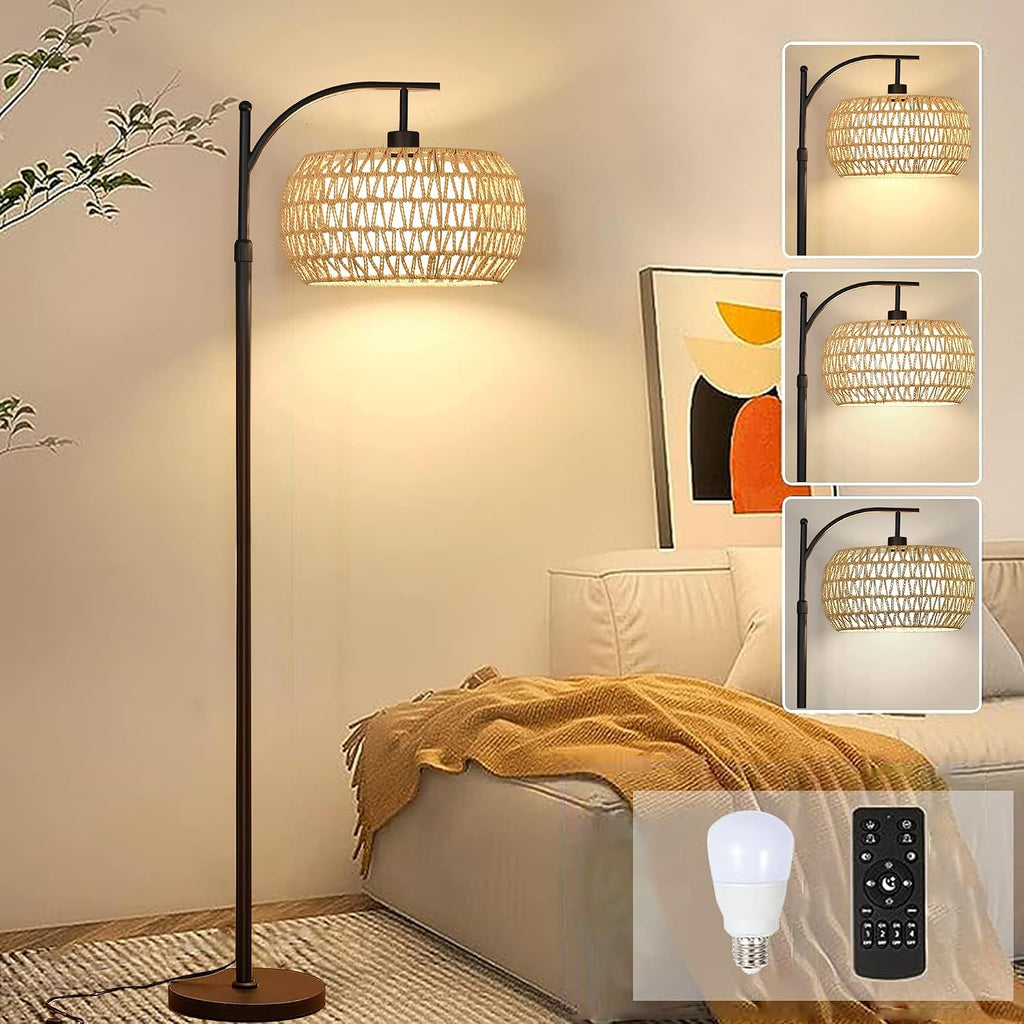 Arc Floor Lamps for Living Room Rattan Boho Floor Lamp with Remote Control, Dimmable LED Floor Lamp Wicker Lamp Shades Black Standing Lamp…
