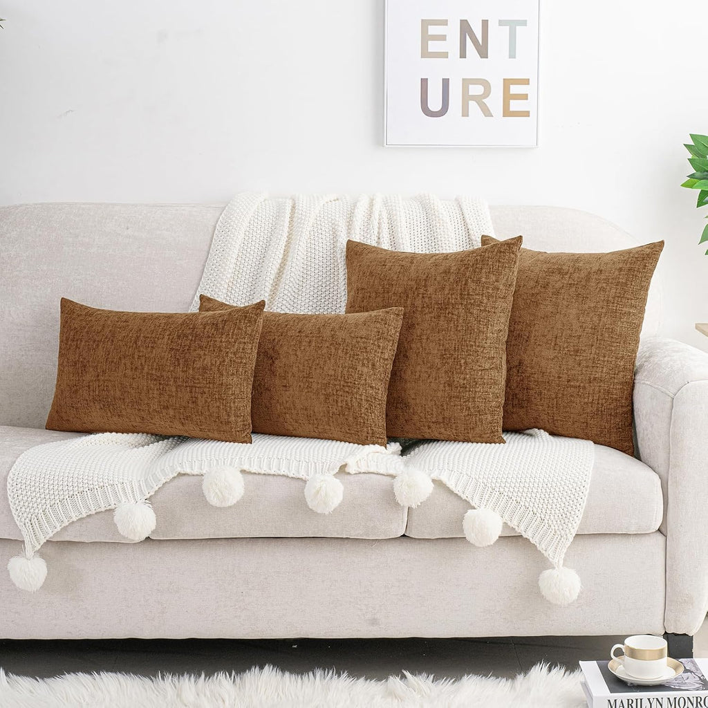 Hwy50 HWY 50 Brown Couch Pillow Covers 18x18 Inch Pack of 2, Soft Chenille Decorative Throw Pillow Cases Farmhouse for Sofa Living Room Bed…