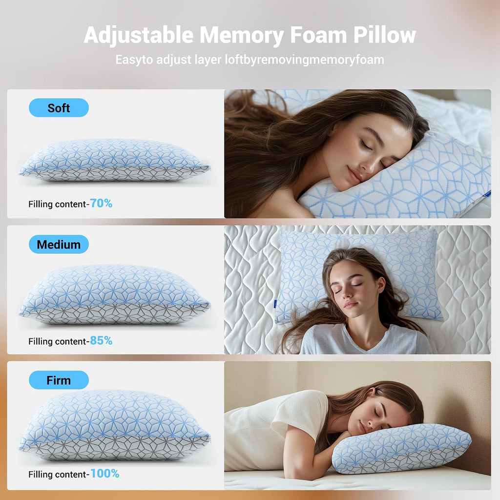 puredown® Standard Pillows Set of 2, Cooling Pillow Full Size 2 Pack, Adjustable Shredded Memory Foam Pillows for Side Back Stomach Hot…