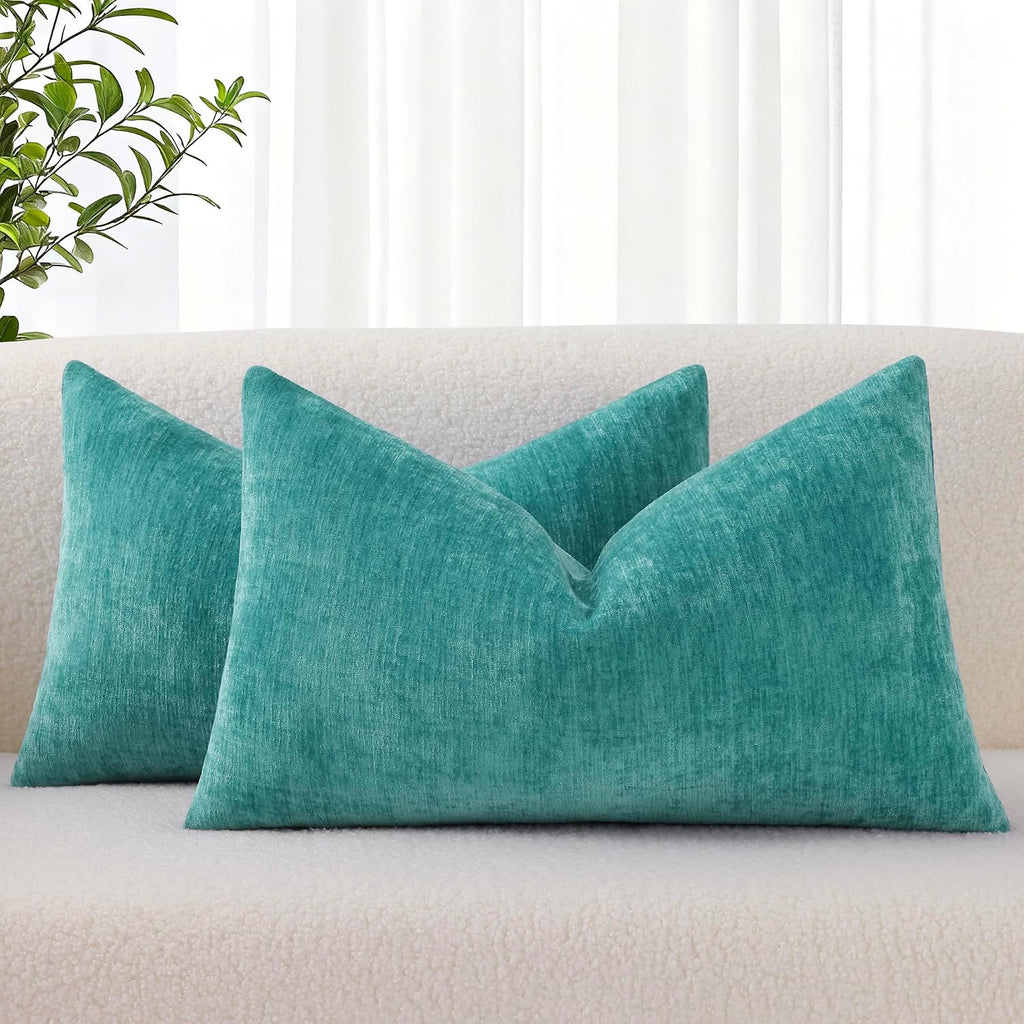 decorUhome Chenille Turquoise Summer Throw Pillow Covers 12x20 Inch Set of 2, Decorative Soft Couch Pillow Covers Solid Dyed Accent Farmhou…