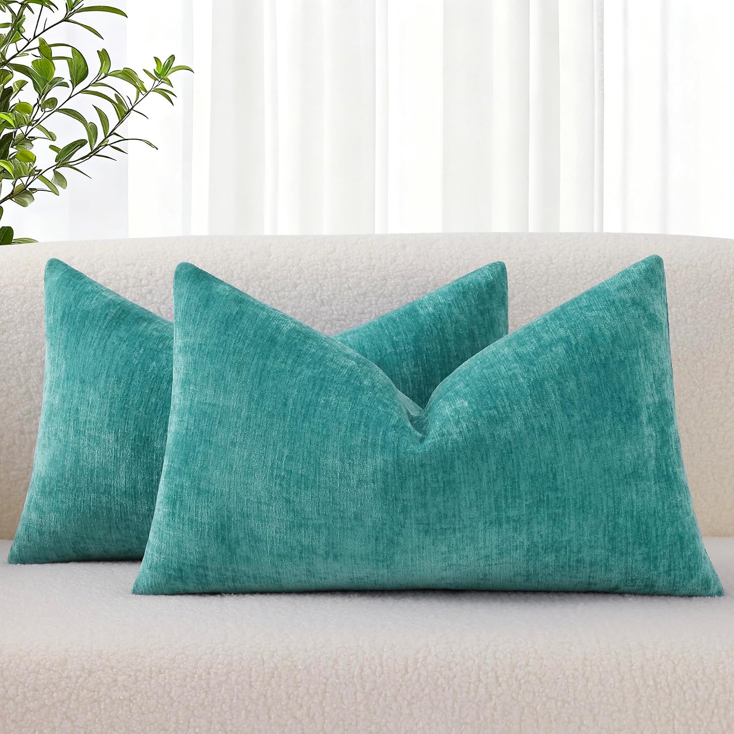 decorUhome Chenille Turquoise Summer Throw Pillow Covers 12x20 Inch Set of 2, Decorative Soft Couch Pillow Covers Solid Dyed Accent Farmhou…