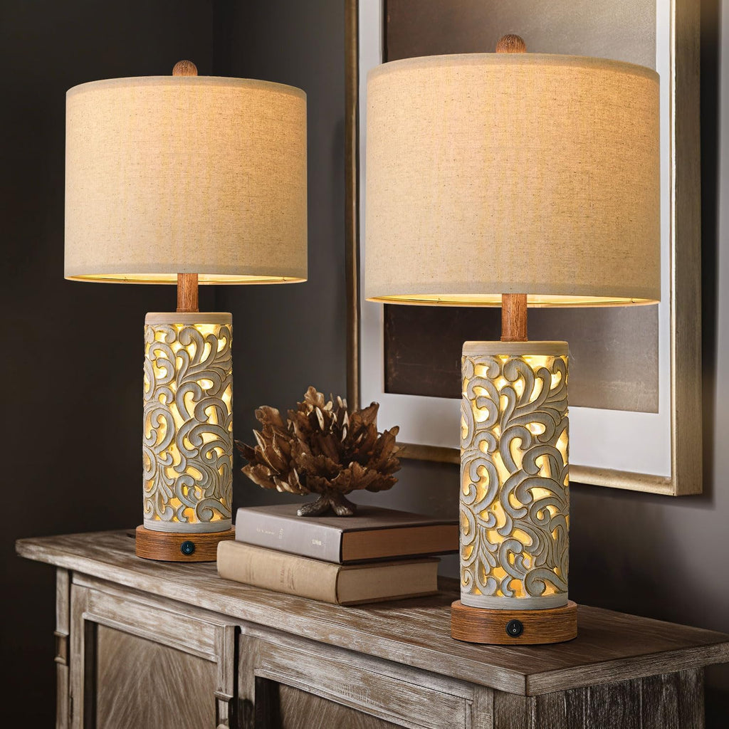Oyears 22'' Table Lamp Set of 2 for Living Room, Farmhouse Lamp for for Bedroom, Vintage Retro Bedside Lamps with USB Ports Linen Shade for H…