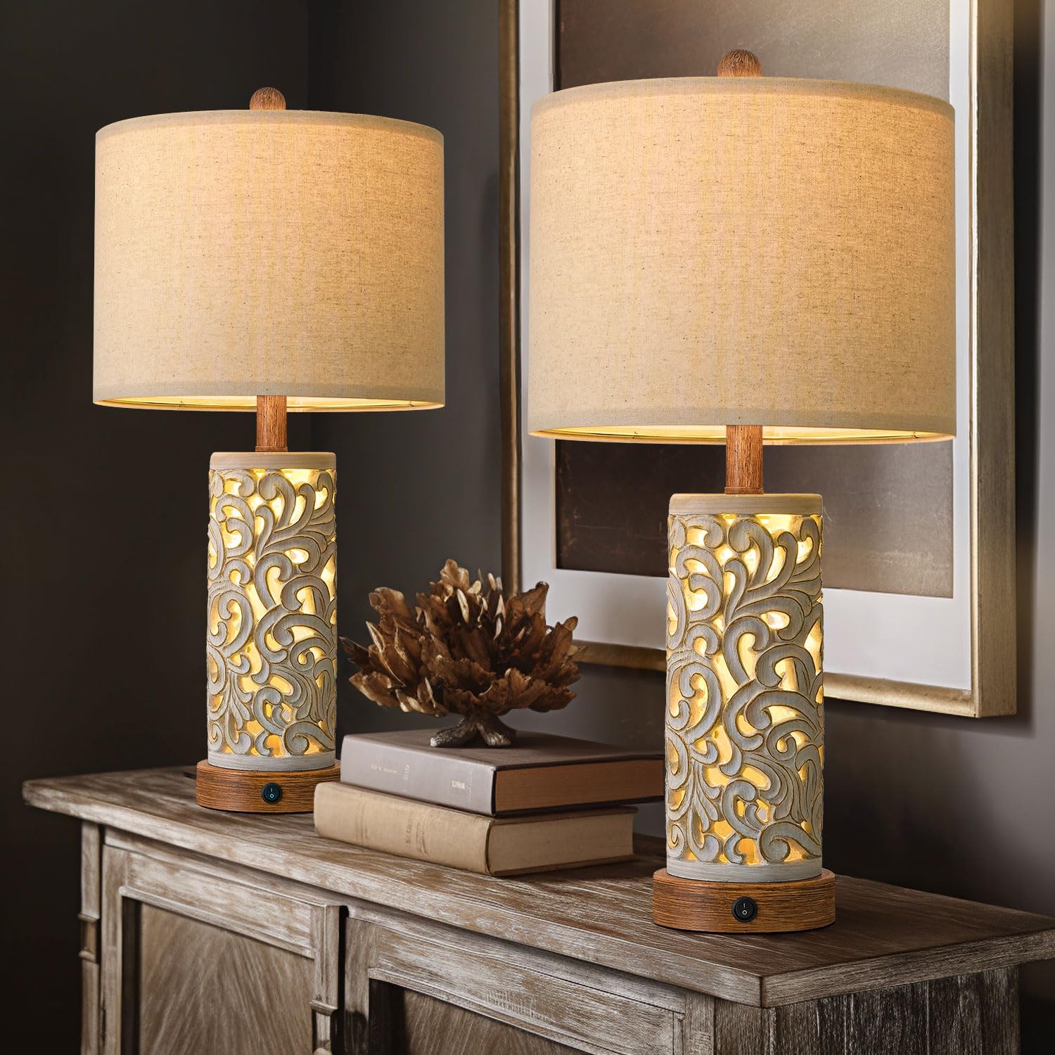 Oyears 22'' Table Lamp Set of 2 for Living Room, Farmhouse Lamp for for Bedroom, Vintage Retro Bedside Lamps with USB Ports Linen Shade for H…