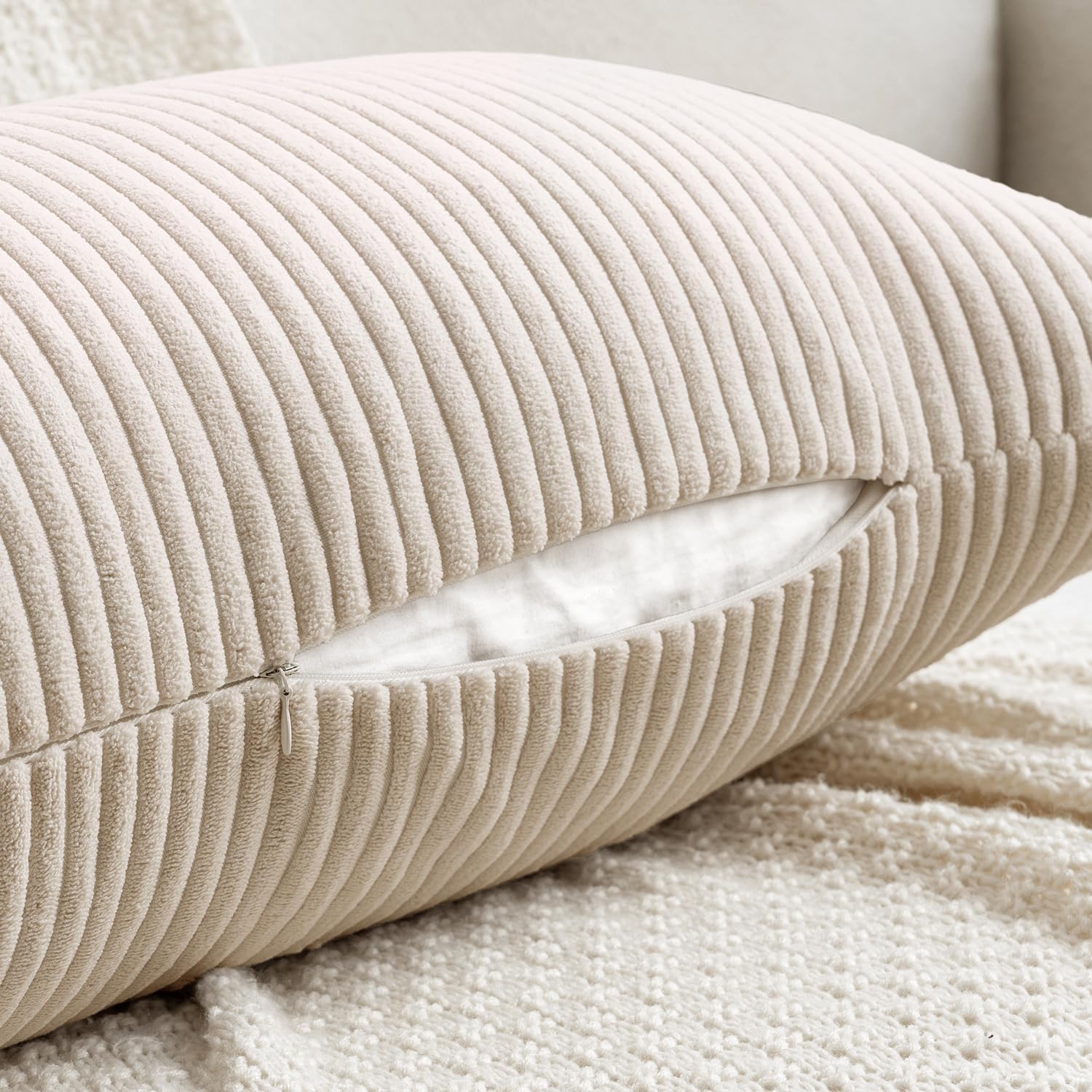 MIULEE Decorative Long Body Lumbar Throw Pillow Cover 14x36 Inch for Bed Couch Bedroom Bench, Soft Corduroy Rectangle Cream White Pillow…