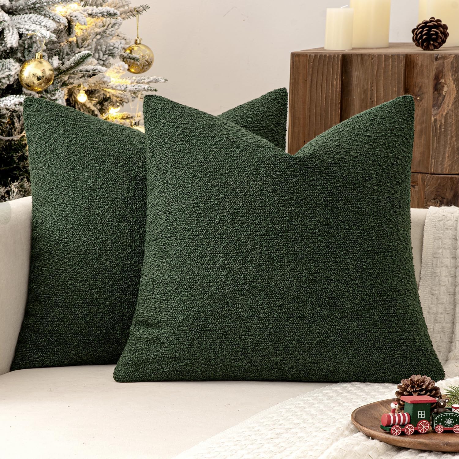 Miulee 24x24 Inch Decorative Euro Sham Pillow Covers for Bed Set of 2 Textured Boucle Neutral Throw Pillow Covers Dark Green Accent Solid P…