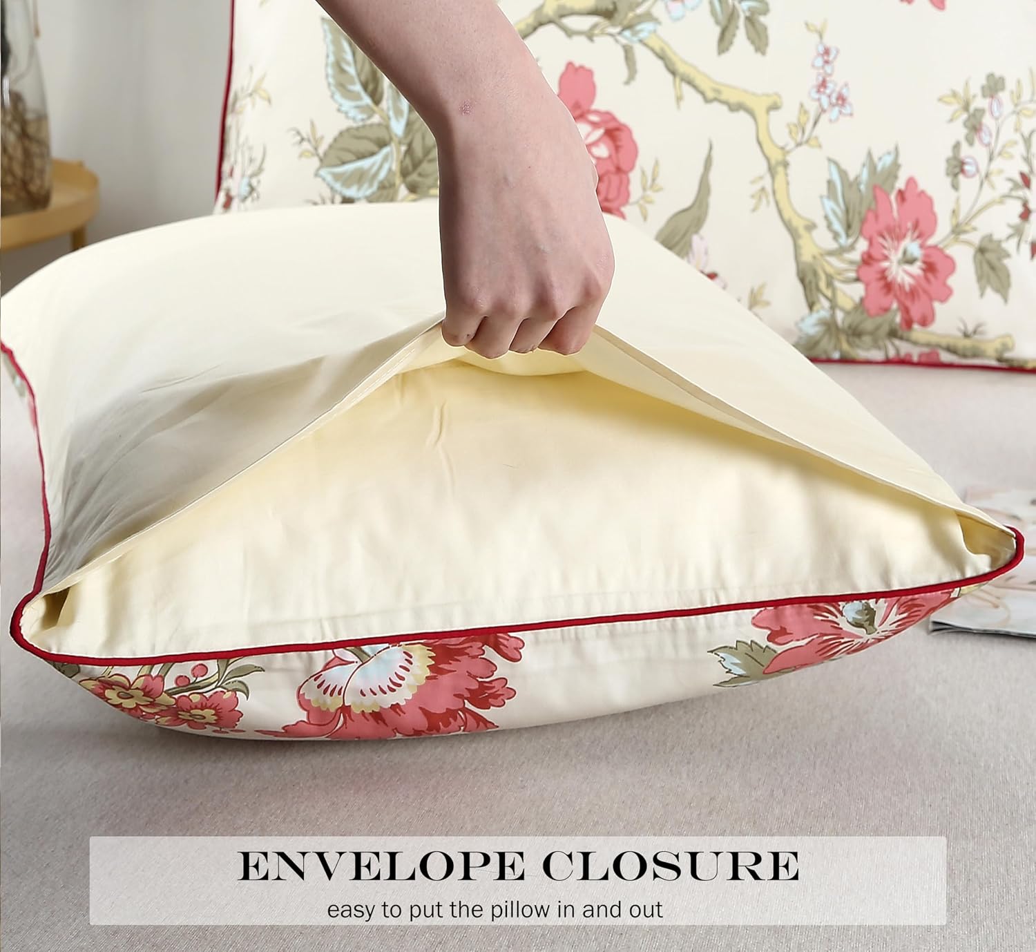 Winlife 100% Cotton Pillowcases Floral Printed Pillow Cases Set of 2 Red Flowers and Green Branches Leaf Pattern Pillow Cover King 20x36''…