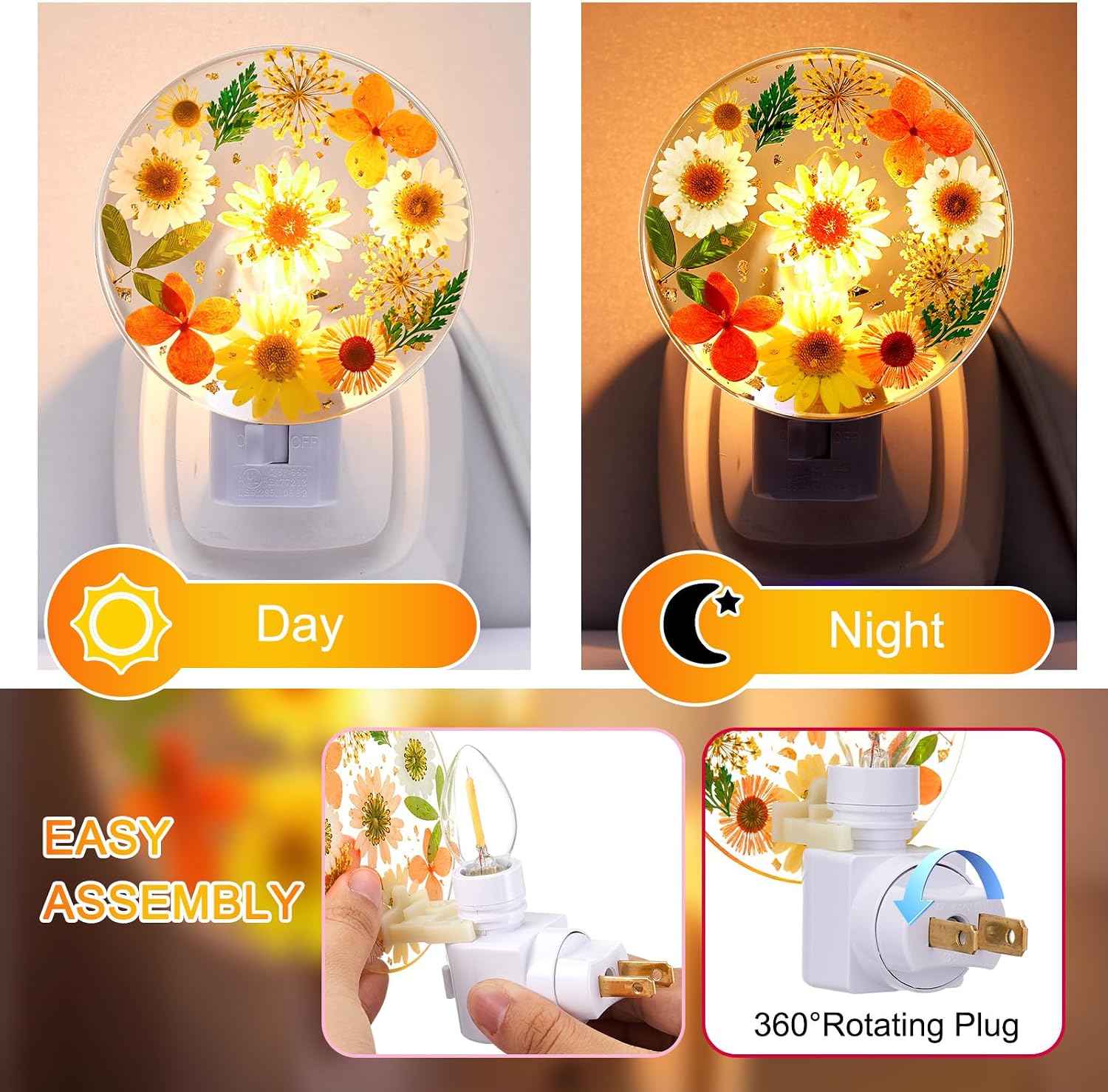 Glooglitter Pressed Flower Night Light Plug in - Handmade Dried Floral Wall Night Light, Soft Glow Decorative Nightlight for Hallway Bedroo…