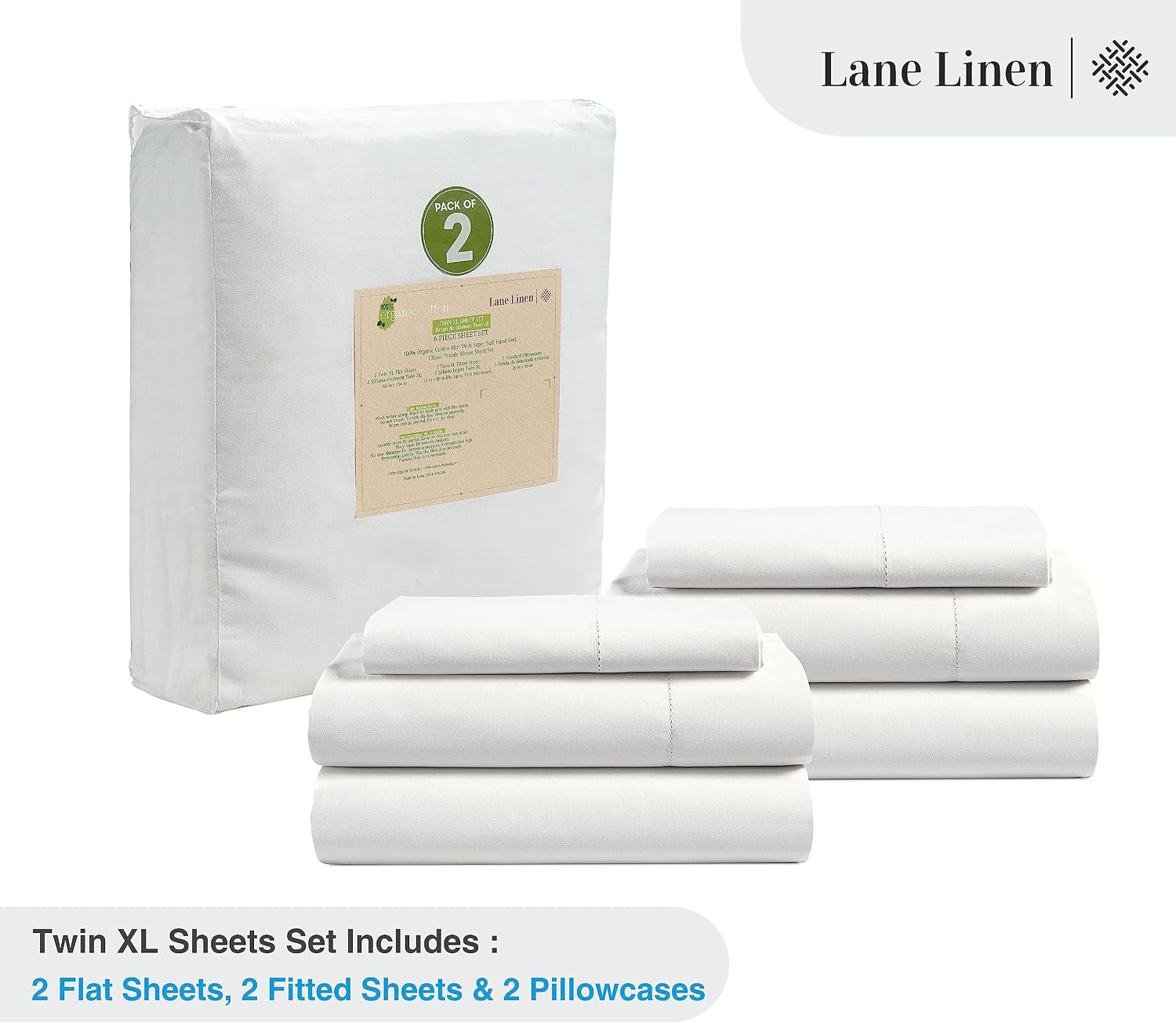 LaneLinen LANE LINEN 100% Organic Cotton White Twin XL Sheets Set, 3-Piece Pure Organic Cotton Percale Sheet, Extra Long Twin Sheets, Ultra…