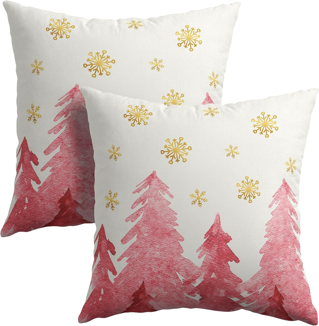 Christmas Tree Throw Pillow 18x18 Inch Set of 2 Cover Winter Christmas Pillowcase Pink Trees Golden Snowflake Decorative Cushion Cover…