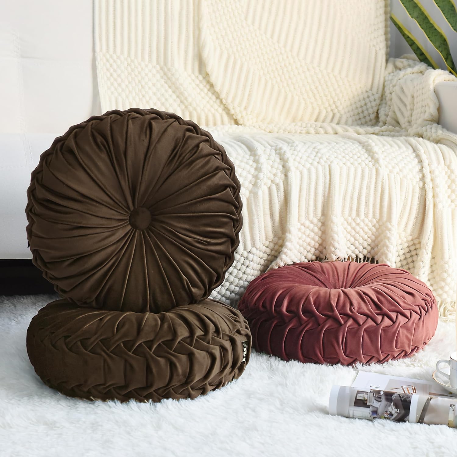 Hig Set of 2 Decorative Round Pleated Throw Pillows, Classy Accent Pumpkin Throw Pillows with Center Button, Vintage Velvet Floor Pillows for…