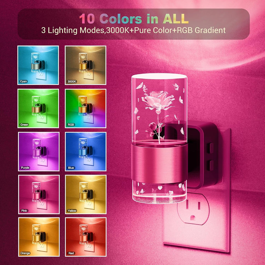 JandCase Night Lights Plug into Wall, Rose Carved Night Light for Girls, 3000K+RGB 10-Color LED Nightlight with Dusk to Dawn Sensor…