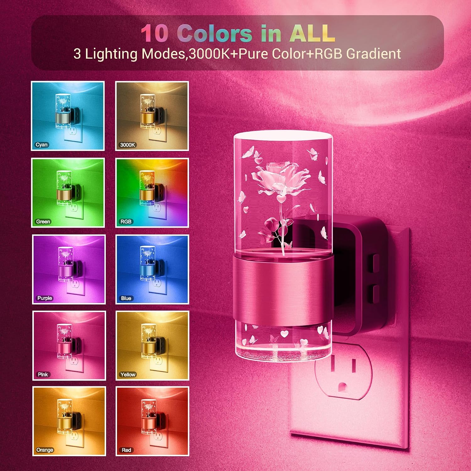 JandCase Night Lights Plug into Wall,2 Pack Rose Carved Night Light for Girls, 3000K+RGB 10-Color LED Nightlight with Dusk to Dawn…