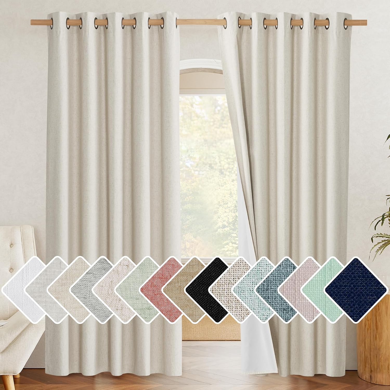 NICETOWN Farmhouse Style 100% Blackout Natural Linen Curtains 90 inches Length, 2 Panels, 62" W, Room Cooling Window Draperies with…