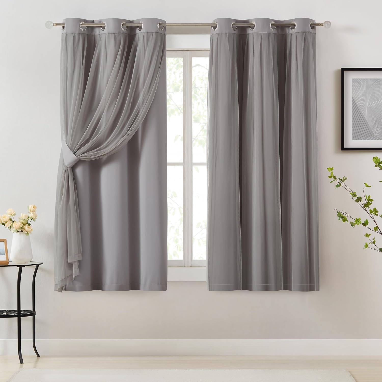 Bujasso Grey 90% Blackout Curtains with Sheer Overlay Mix and Match Double Layer Window Curtains Thermal Insulated 63 inch for Living Room…