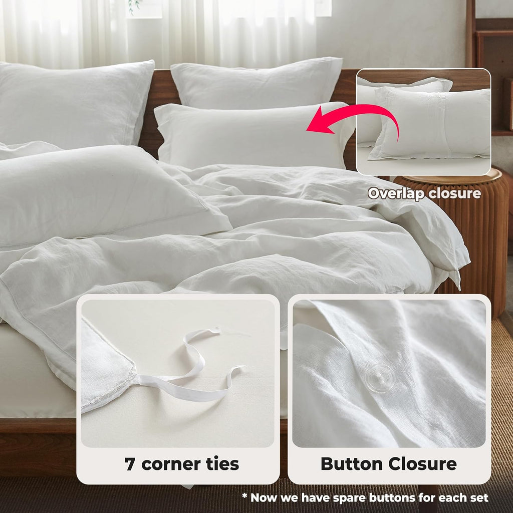 Simple&Opulence 100% Washed Linen Duvet Cover with Embroidered,3 Pieces Soft Farmhouse Comforter Set with Button Closure,1 D…