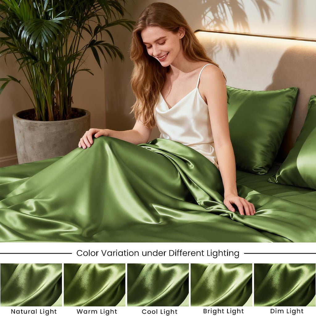 Lovescabin Love's cabin California King Satin Sheet Sets - 4 Piece Sage Silky Sheets Bed Set with Deep Pocket, Luxury Silk Feel Satin Cal K…