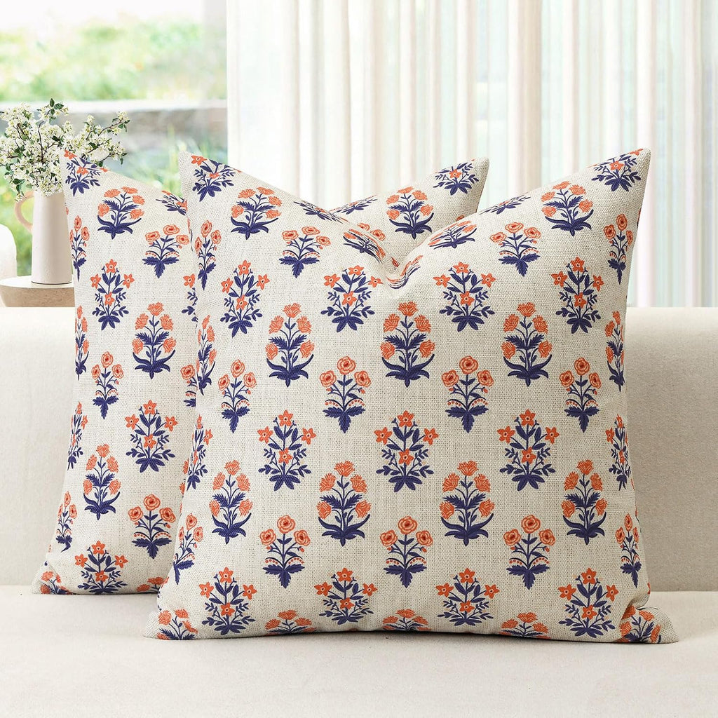 OTOSTAR Floral Print Pillow Covers 18x18 Inch Pack of 2 Double-Sided Navy Blue Orange Flower Square Throw Pillow Covers Farmhouse Rustic…
