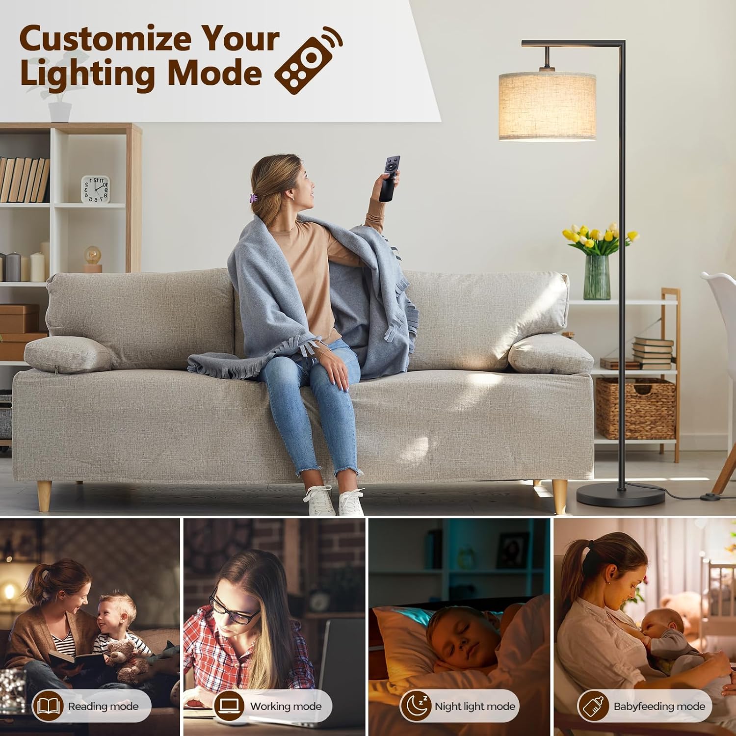 Floor Lamps with Remote Control and Stepless Dimmable Color Temperature and Brightness Standing Lamp with Adjustable Beige Linen…