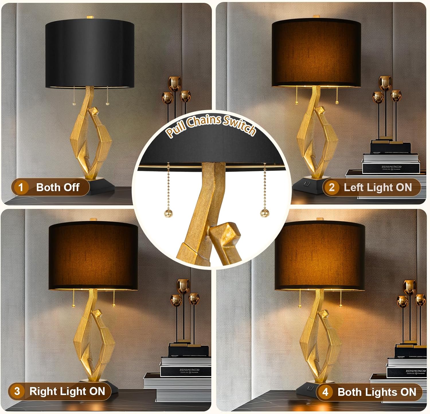 Sculptural Table Lamp Set of 2 with USB Ports For Living Room, Gold Leaf Finish Farmhouse Bedside Lamps with S Cluster Pull Chains Switch…