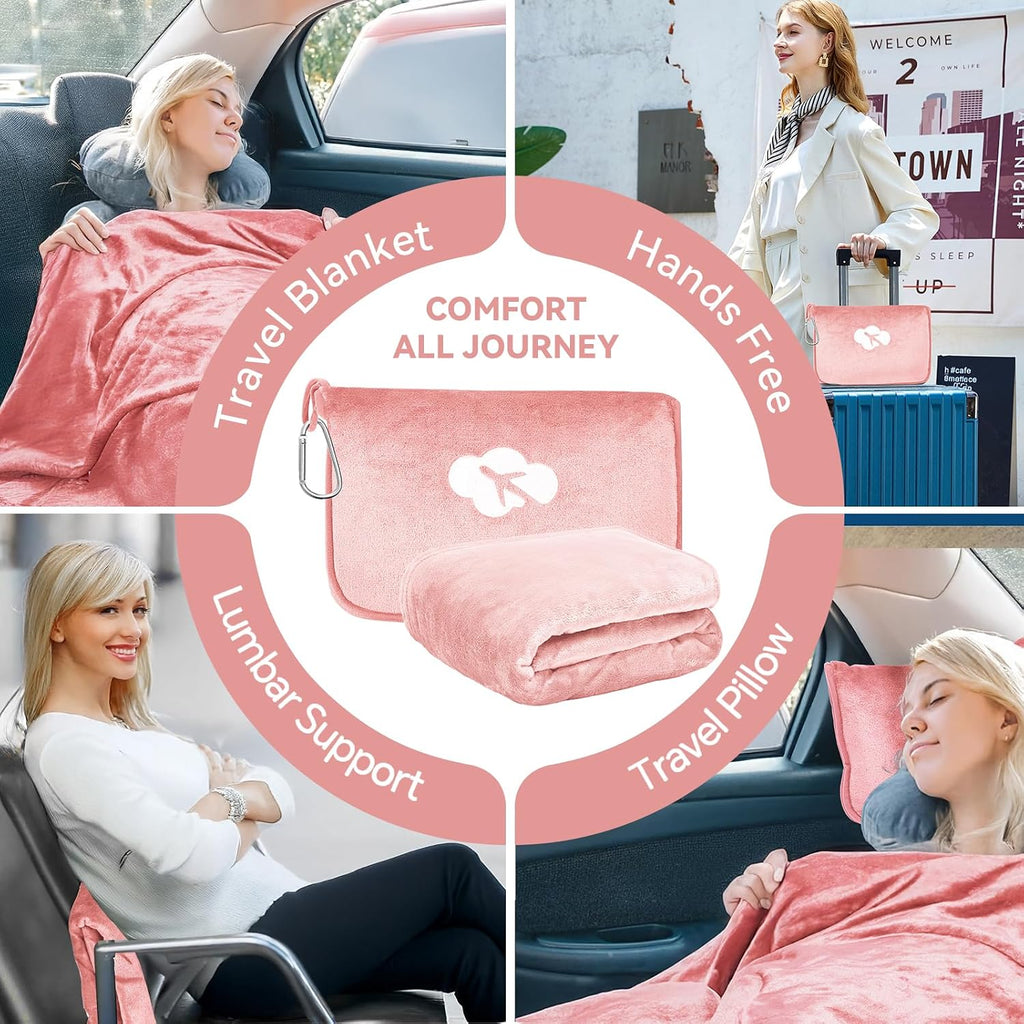 JungleStar Travel Blanket and Pillow Compact, Soft 2 in 1 Airplane Blanket with Soft Bag Pillowcase, Hand Luggage Sleeve and Backpack Clip (…