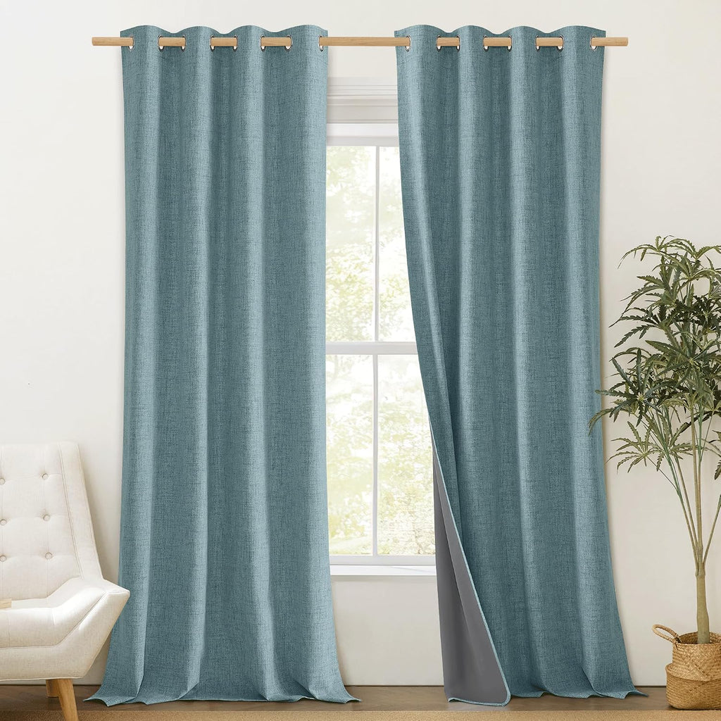 NICETOWN 100% Absolutely Blackout Linen Curtains with Thermal Insulated Liner, Skylark Blue, 52" Wide, 102" Length Energy Saving Curtains…