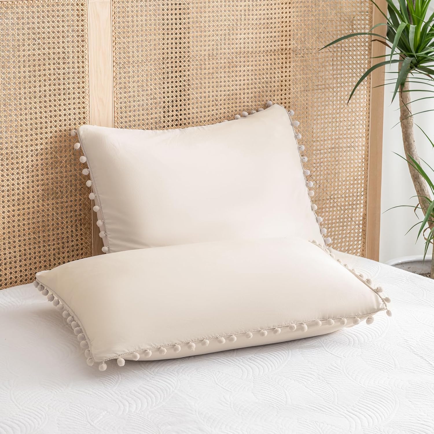 Moveover Move Over Beige Pillowcases King Size Pom Pom Pillowcases Cream Pillow Cases Set of 2 Soft Washed Microfiber Boho Pillow Covers Cu…