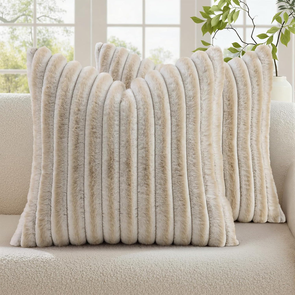 decorUhome Summer Cozy Faux Fur Throw Pillow Covers 26x26 Set of 2 Decorative Plush Striped Modern Farmhouse Boho Couch Euro Sham Pillow Ca…