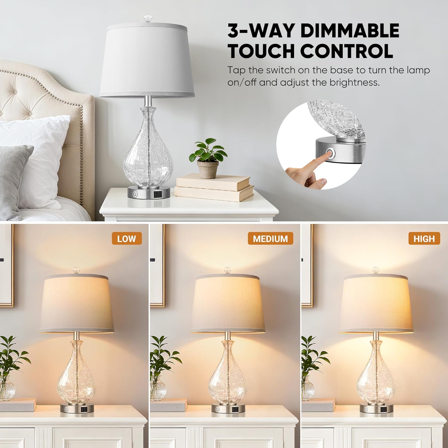 QiMH Glass Table Lamps for Living Room, Bedside Lamps Set of 2 with USB A+C Charging Ports, 3 Way Dimmable Touch Lamps for Nightstand…