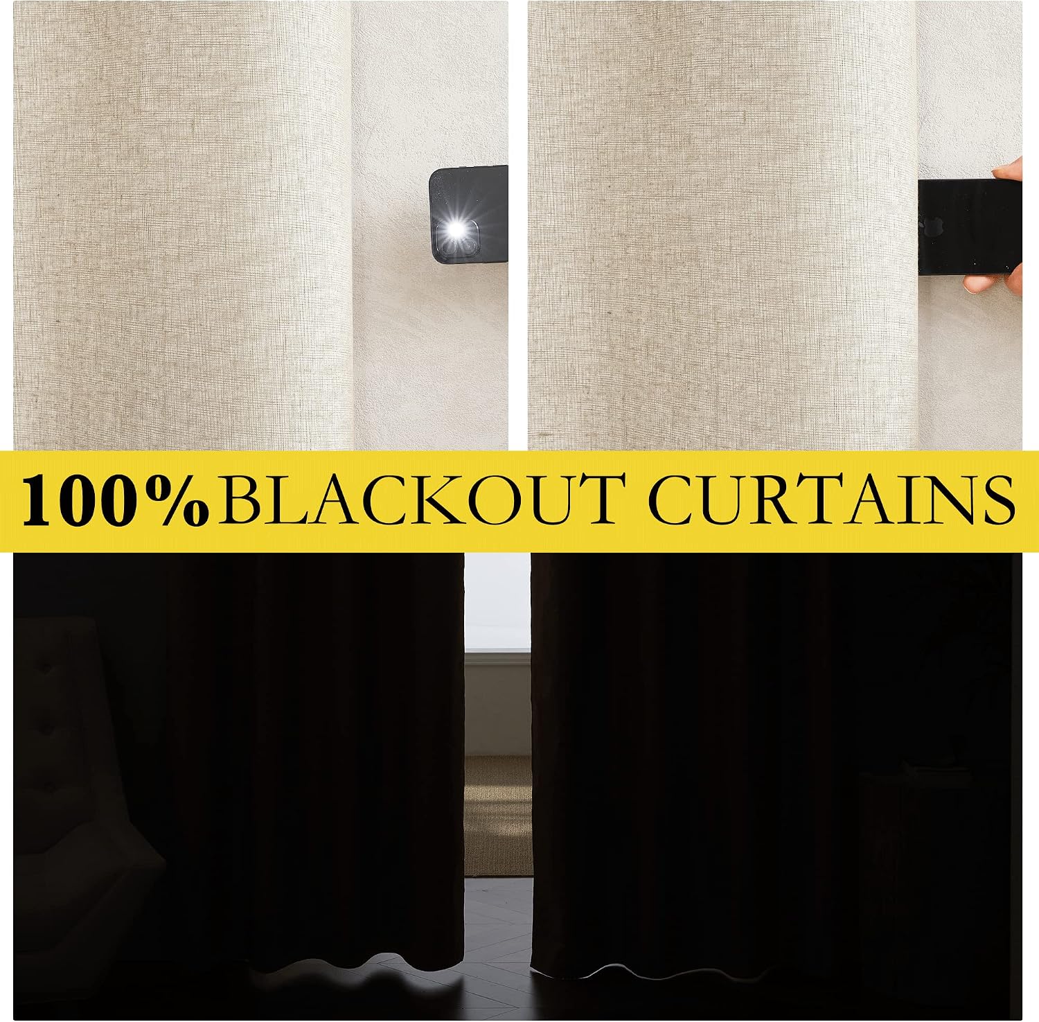 NICETOWN 100% Absolutely Blackout Linen Curtains with Thermal Insulated White Liner, Beige, W62, 2 Pieces, Noise Reducing Textured Linen…