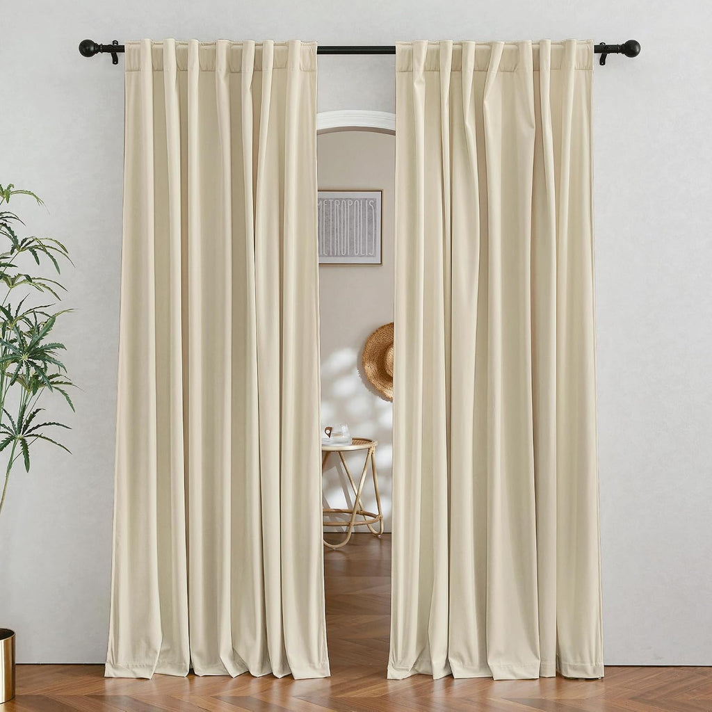 Rybhome RYB HOME Beige Velvet Curtains for Bedroom Living Room, Thermal Insulated Privacy UV Heat Blocking Luxurious Soft Rod Pocket Back T…