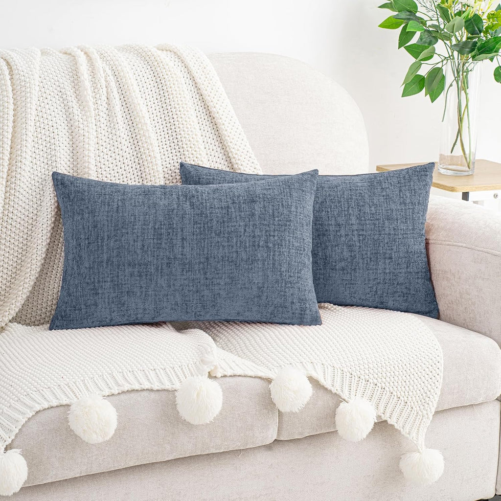 Hwy50 HWY 50 Dark Grey Blue Lumbar Pillow Covers 12x20 Inch Pack of 2, Soft Chenille Decorative Throw Pillow Covers Farmhouse for Couch Sof…