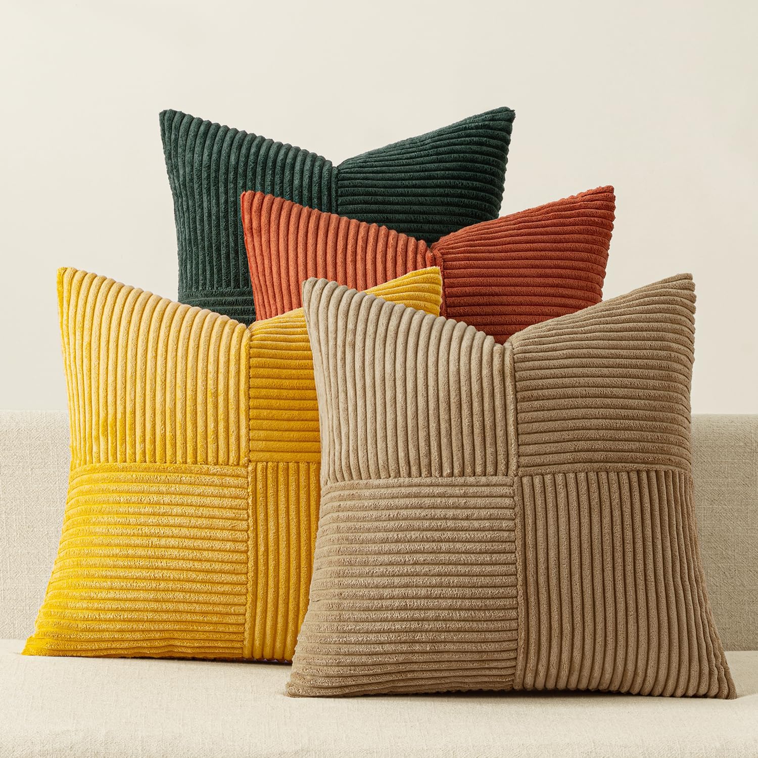 Miulee Green Rust Throw Pillow Covers 20x20 Inch Set of 4 Boho Farmhouse Soft Corduroy Striped Cushion Cases Decorative Color-Clash Home De…