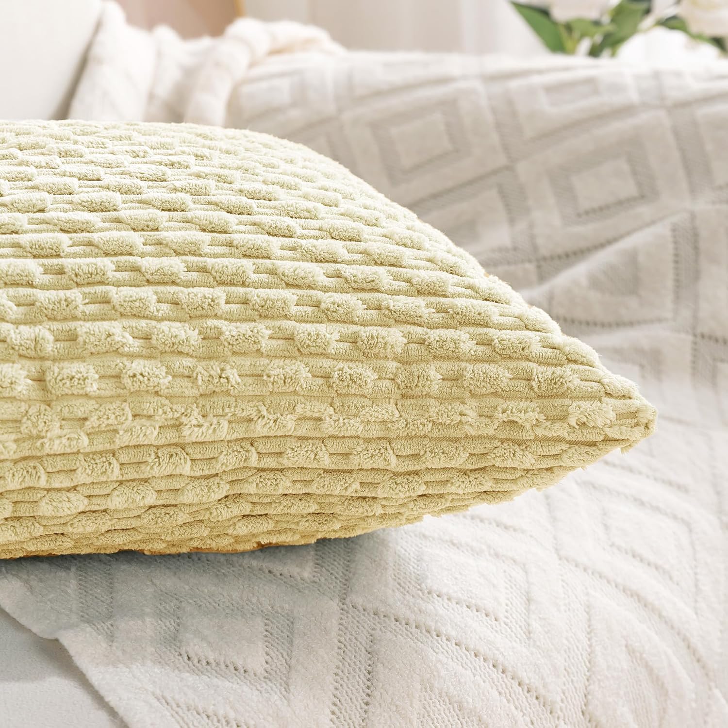 Cozoomy Set of 4 Pale Yellow Decorative Throw Pillow Covers 22x22 Inch Corduroy Pillow Covers for Bed Couch Sofa Living Room Soft Square Cu…