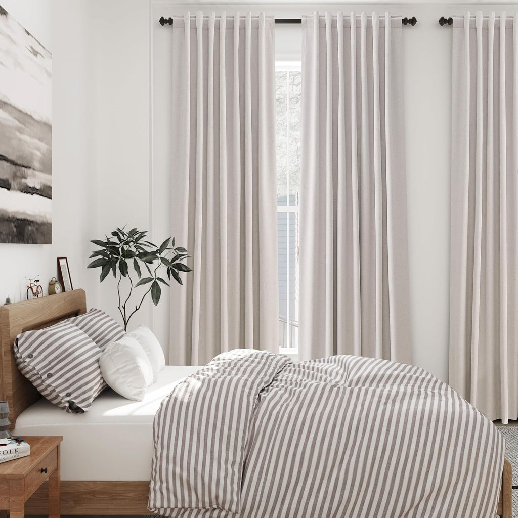 Nanspring Champagne 100% Blackout Linen Curtains 96 Inches Long for Bedroom Back Tab Thermal Insulated Modern Farmhouse Decor Black Out Cur…
