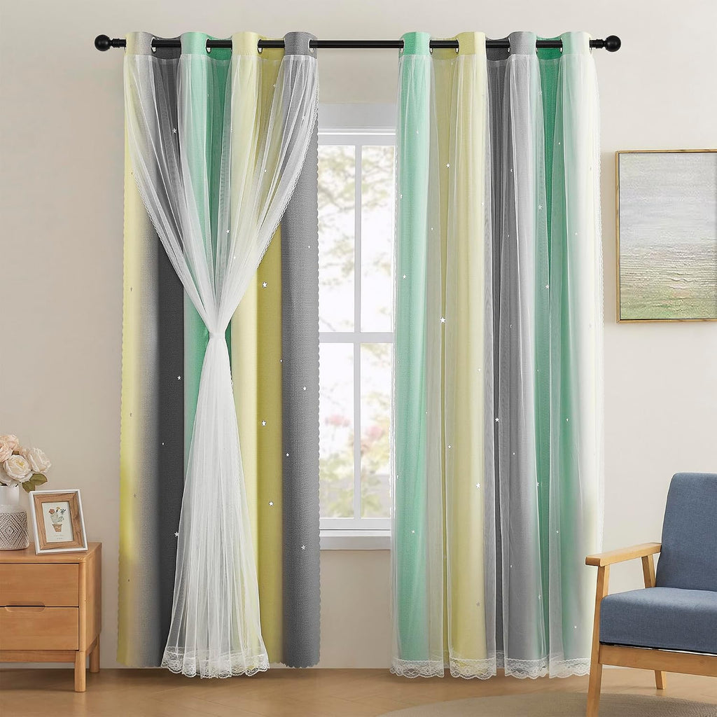 Addsomecolortolife XiDi Yellow & Rainbow Curtains for Kids & Girls Room - Blackout, Grey & Green 52x84 Inch Long 1 Panel with Unicorn Wall…