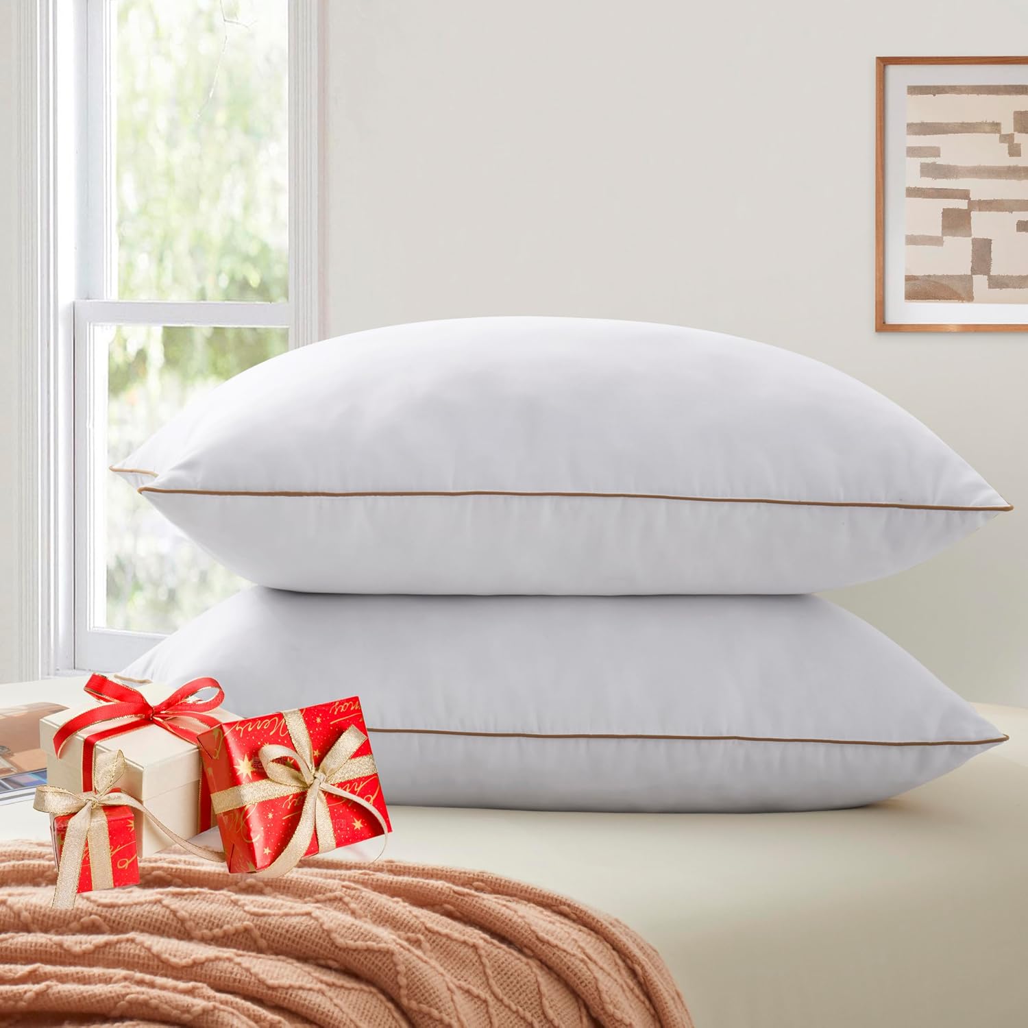 Bafode Goose Feather Pillows, Bed Pillows, Queen Size Set of 2, Hotel Pillows for Sleeping, White Pillows Soft Down Alternative Pillows…