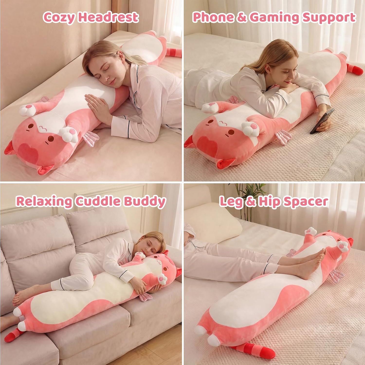 Mewaii Long Cat Plush 5 Sizes, 120% Extra Filling Giant Plushness Kids Body Pillow, Kawaii Cute Pink Cat Stuffed Animals Plushies, Big…